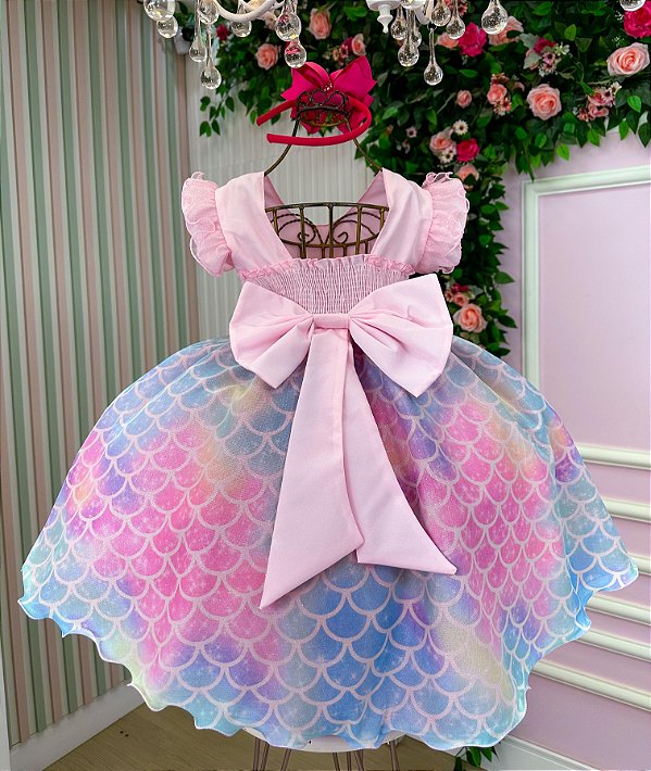 Vestido Ysa Kids Tematico Sereia - Fundo do Mar Rosa