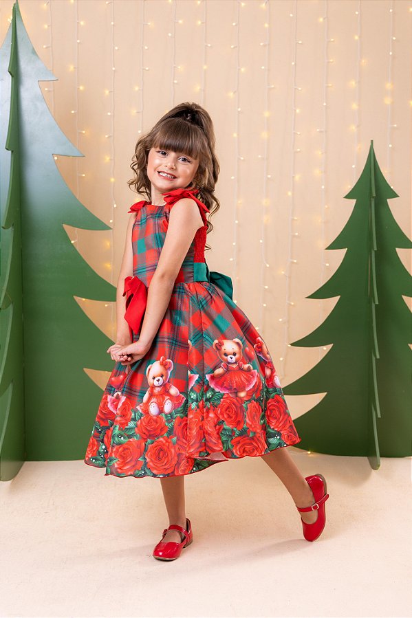 Vestido Marie Madeline Ursinho Xadrez Vermelho - Natal