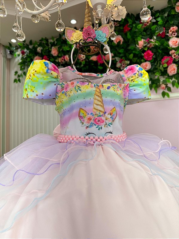 Vestido Mimadine Tematico Unicornio Safira Rosa Bebe
