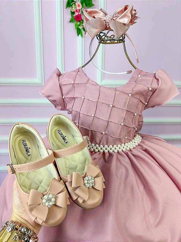 Vestido Ysa Kids Rose Peito Perolas