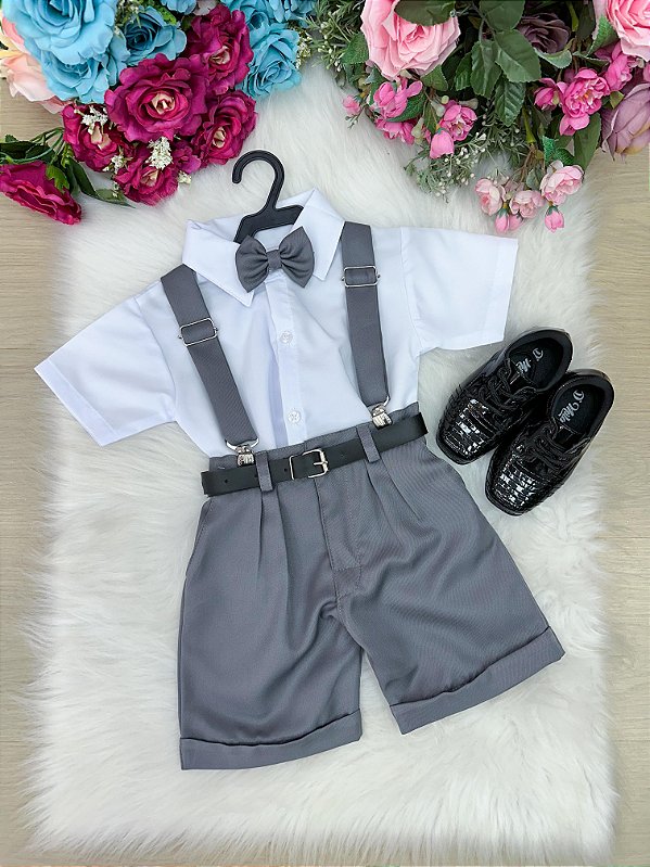 Conjunto Miss Cherry Meninos Social Shorts Ravi Cinza Grafite