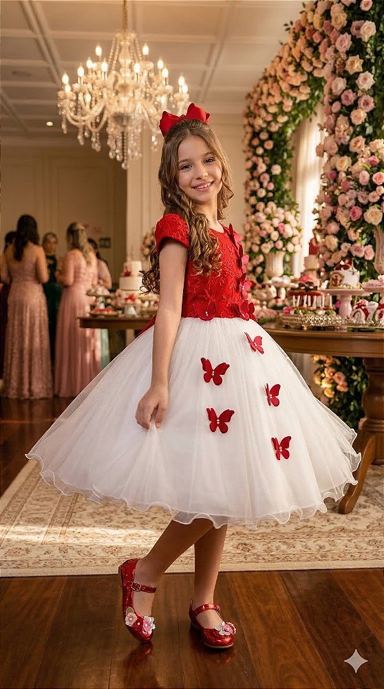 Vestido Juvenil - Midi Vila Lele Sabrina Vermelho e Off