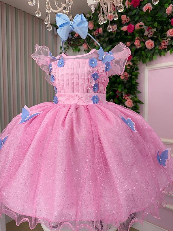 Vestido Marie Jardim Encantado Rosa Borboletas Azul