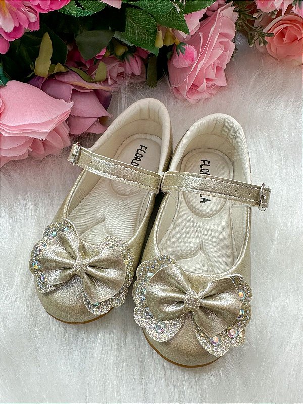 Sapatilha Flor Di MIla Baby Dourado lacinho Strass