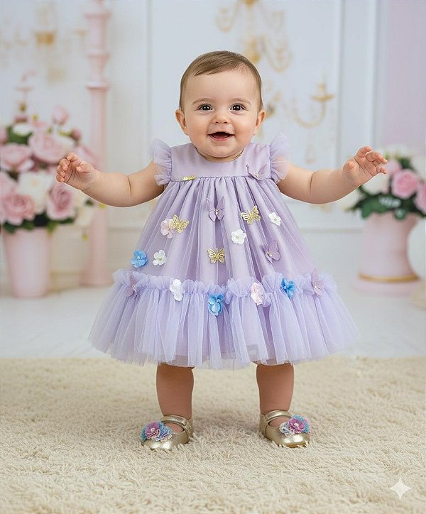 Vestido Vila Lele Jardim das Borboletas Baby Liz Lilas