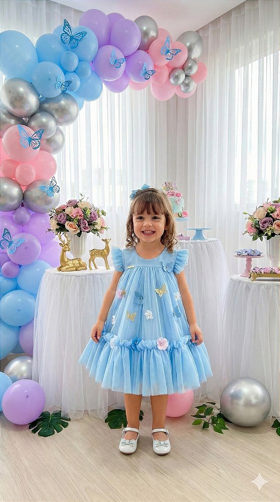 Vestido Vila Lele Jardim das Borboletas Baby Liz Azul Bebe