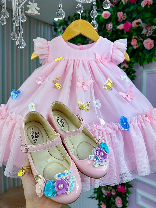 Vestido Vila Lele Jardim das Borboletas Baby Liz Rosa Bebe