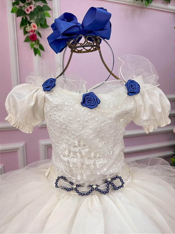 Vestido Lorenzetti Longo Off Detalhes Azul Marinho