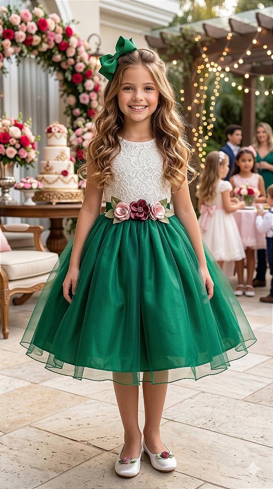 Vestido Juvenil Vila Lele Ivete Peito Off e Saia Verde Bandeira