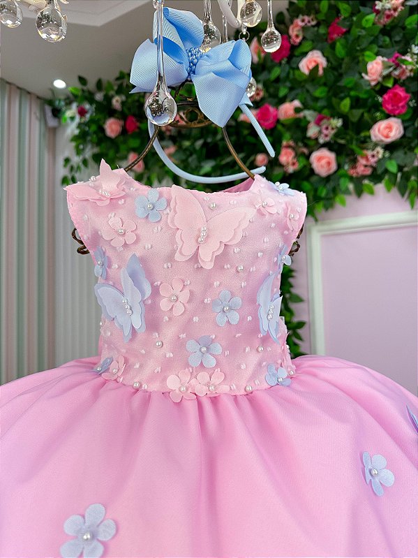 Vestido Marie Jardim das Borboletas Rosa Bebe Viviane