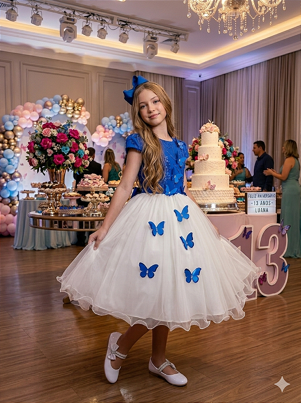 Vestido Juvenil - Midi Vila Lele Sabrina Azul Royal e Off