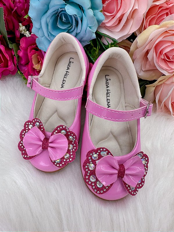 Sapatilha Flor Di MIla Baby Rosa Chiclete Com Pink Lacinho Strass