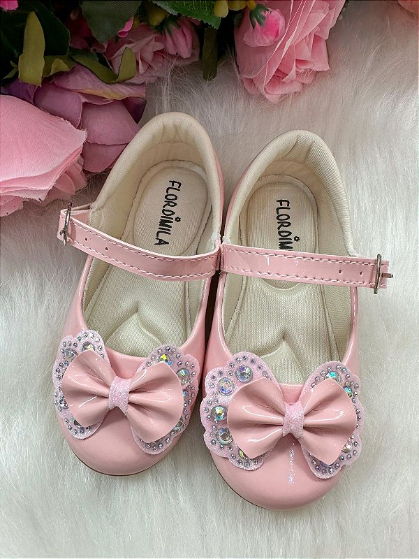 Sapatilha Flor Di MIla Baby Rosa Lacinho Strass