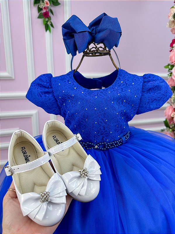 Vestido Menina Bonita Azul Royal Peito Rendado