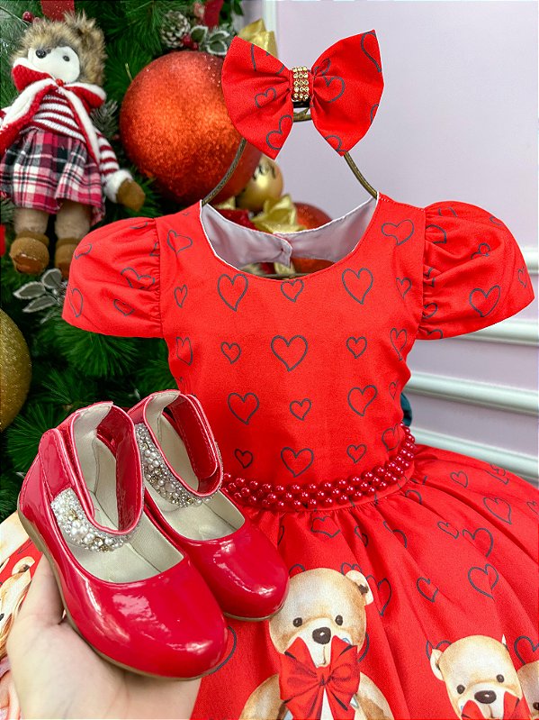 Vestido Mimadine Ursinho Menininha Vermelho Natal