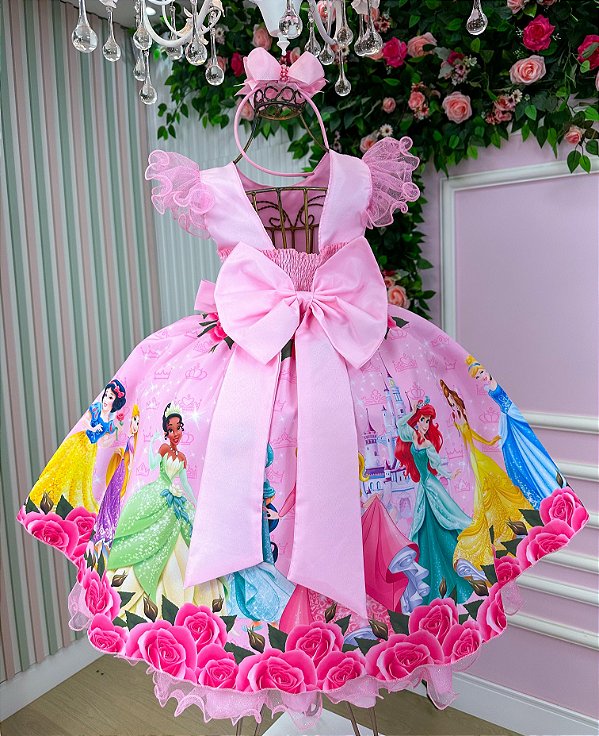 Vestido Tematicos Luxo Princesas Disney Rosa Manga Tule