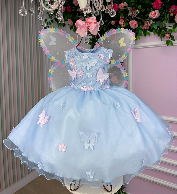 Vestido Marie Jardim das Borboletas Azul Bebe Viviane