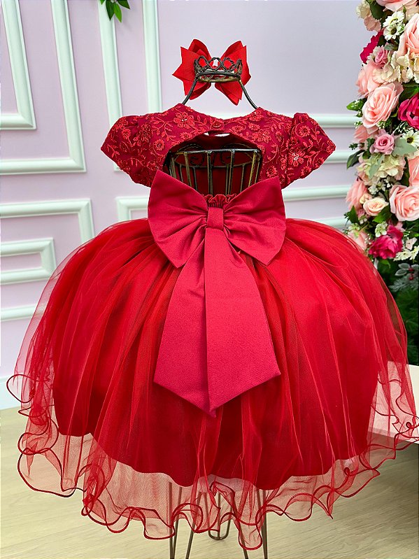 Vestido Menina Bonita Vermelho Peito Renda Flores