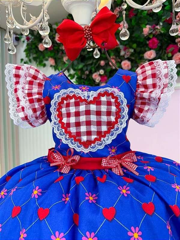 Vestido Mini Miss Junino Sertão Amor Caipira Azul Royal