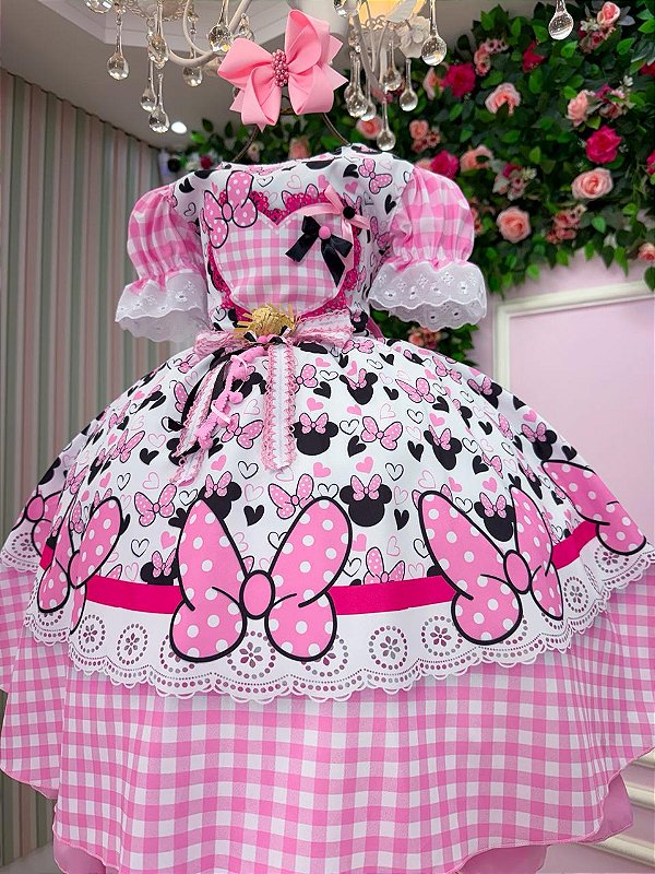 Vestido Junino Tematico Luxo Minnie/Minei Rosa