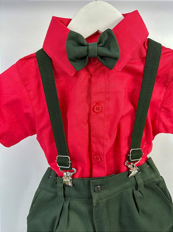 Conjunto Miss Cherry Henry Vermelho Suspensorio Verde Militar