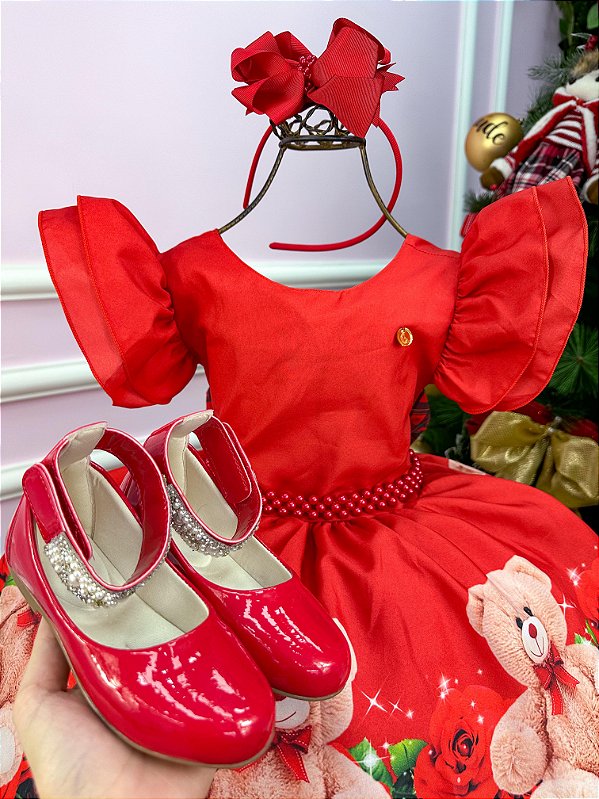 Vestido Banana Club Vermelho Ursinho Flores Natal