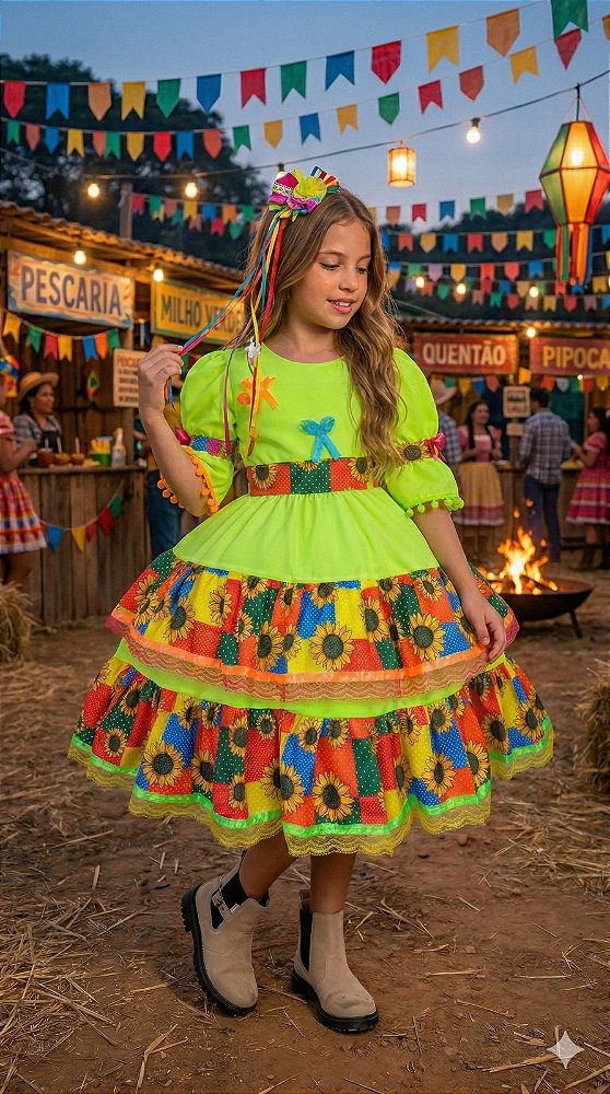 Vestido Junino Banana Club Luxo Roça Animada