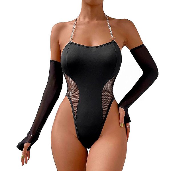 Body com Corrente e Luvas Sensuais