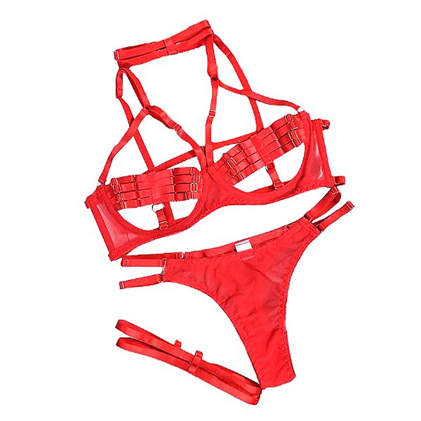 Conjunto Lingerie de Tule Strappy Vermelho