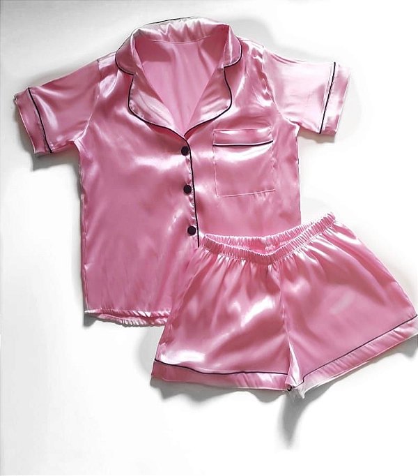 Pijama Victoria - Cetim Rosa Manga Curta e Short