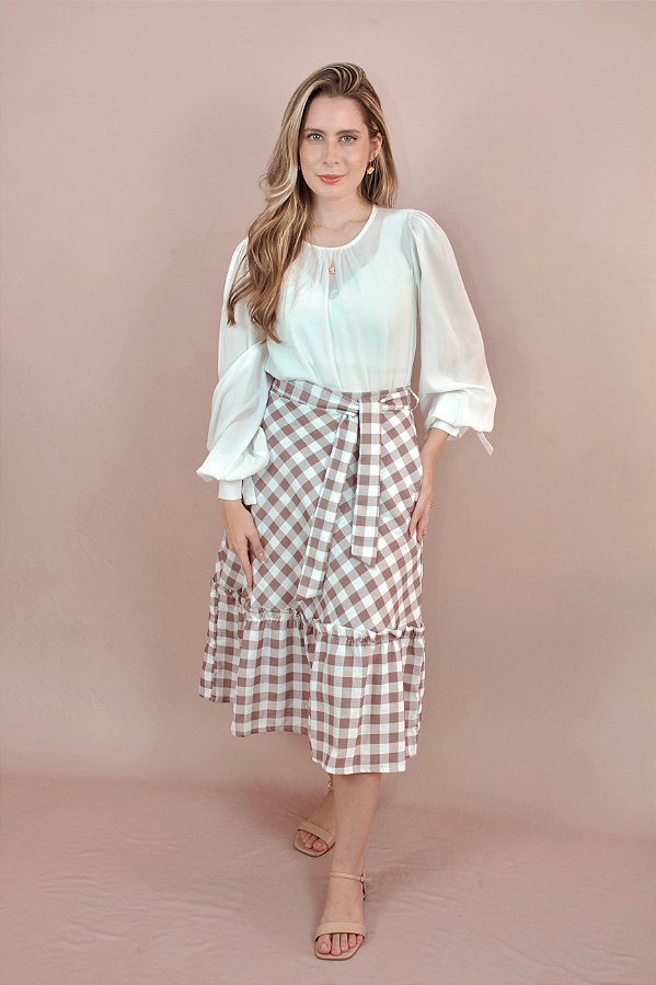 Saia Cecília Midi com babado - Vichy