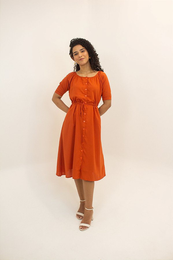 Vestido Aurora Midi com Botões - Tangerina
