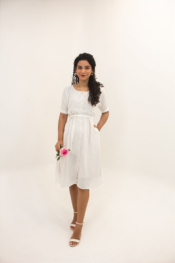 Vestido Aurora Midi com Botões - Off-White
