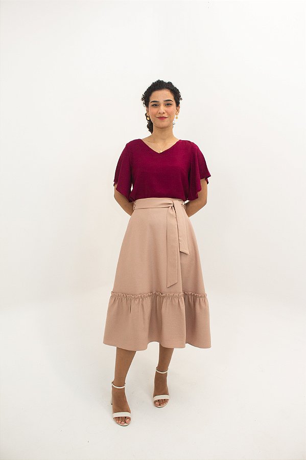 Saia Cecília Midi com babado - Taupe