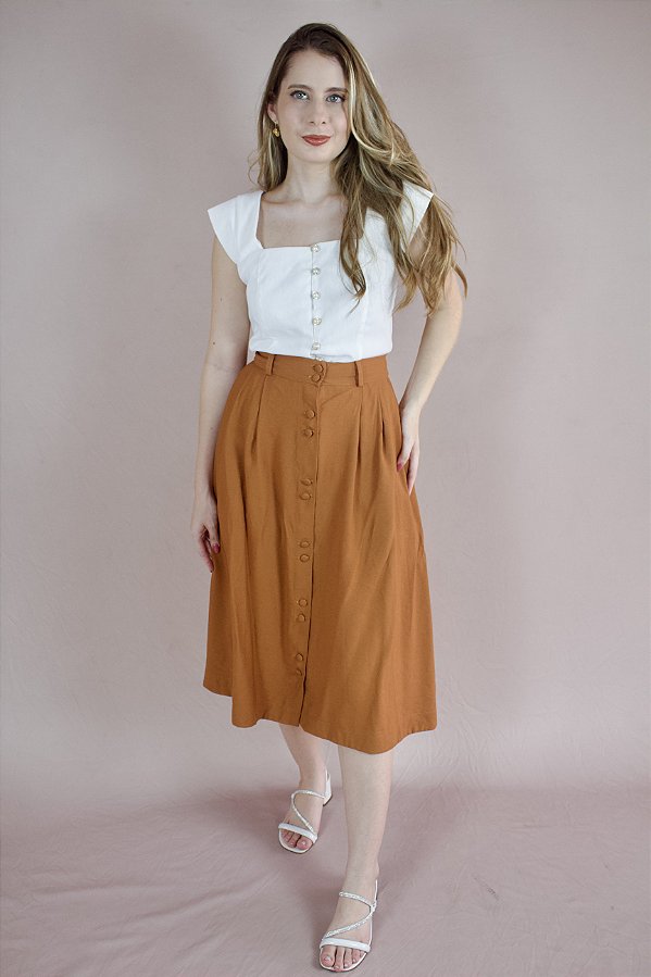 Saia Vintage Midi com botões - Terracota