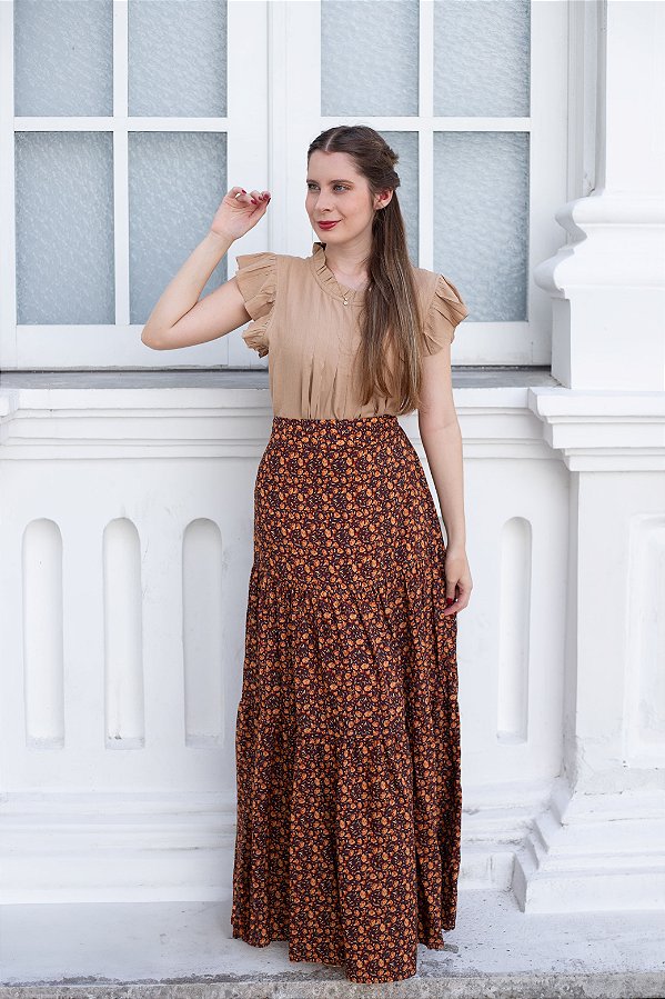Saia Amélia Longa com babados - Floral