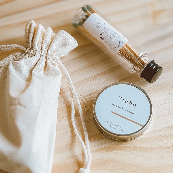 Kit vela latinha + fósforo + saquinho 100% algodão