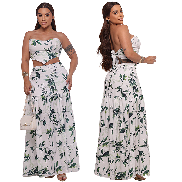 Conjunto femenino saia longa com croped tomara que caia moda femenina