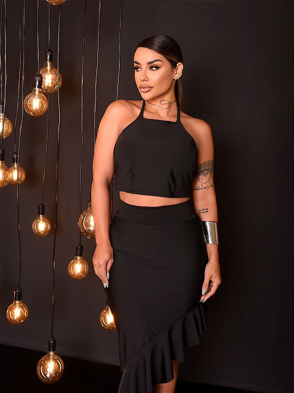 Conjunto femenino saia de babado com corped sem bojo para Balada e festa