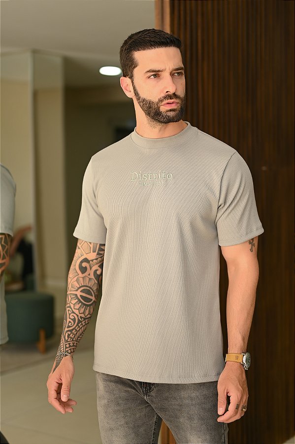 Camiseta Premium Canelada Cinza Bordado Computadorizado