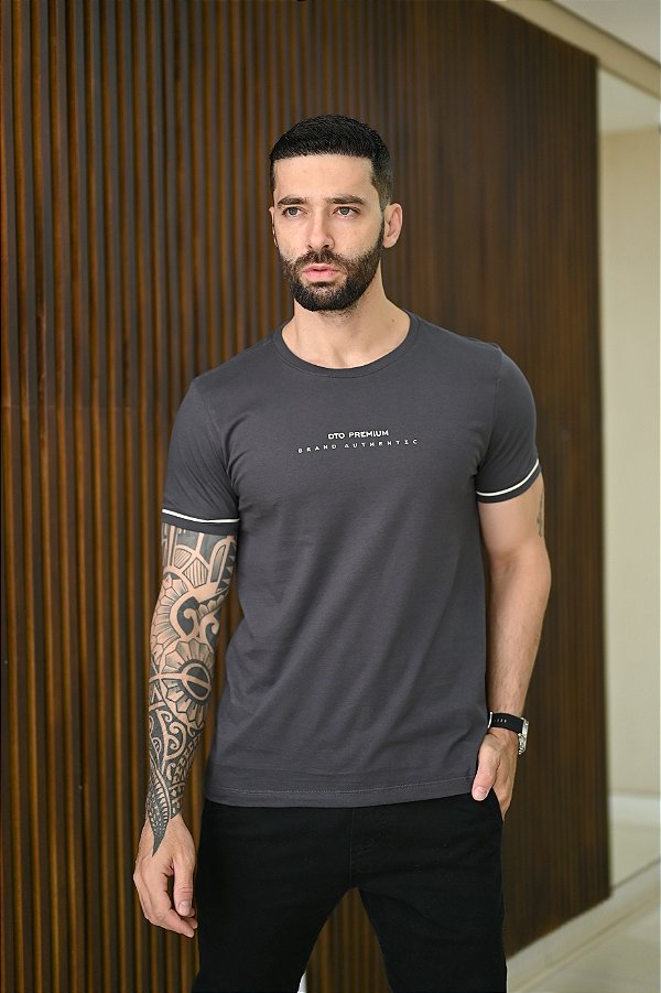 Camiseta Premium Algodão Cinza Chumbo Recorte na Manga Menegotti