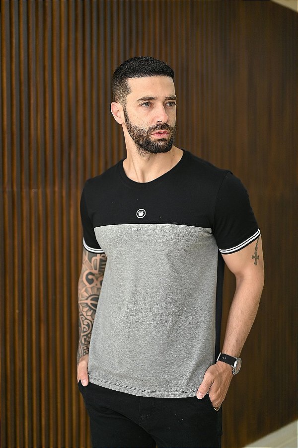 Camiseta Premium Algodão Preta com Mescla Recorte Menegotti