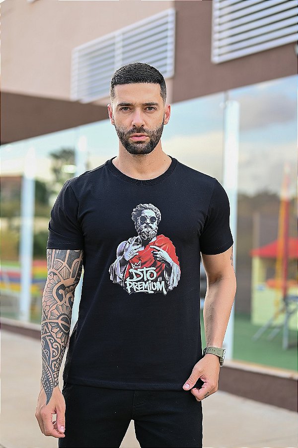 Camiseta Premium Algodão Preta Estampada Menegotti