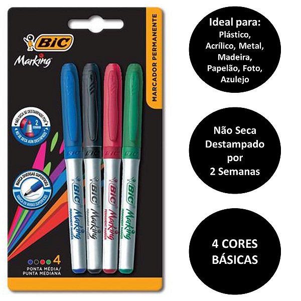 Kit 4 Cores Básicas Marcador Permanente Papel Metal Plástico