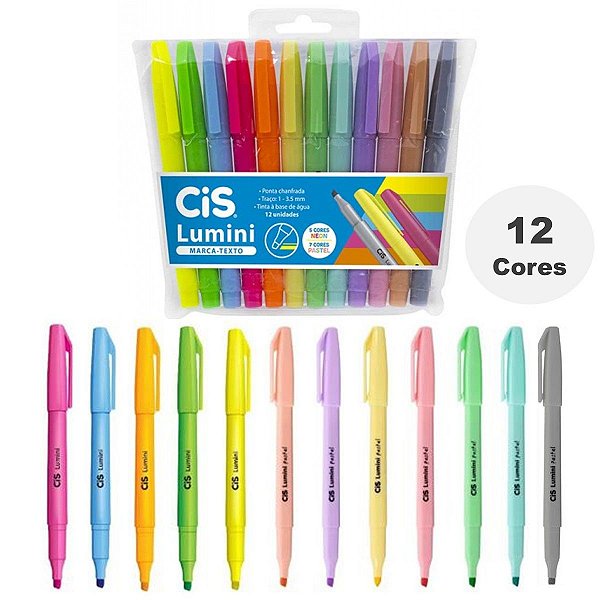 Kit Marca Texto 12 Cores Neon e Pastel Cis Lumini Uso Escolar ou Escritório Home Office