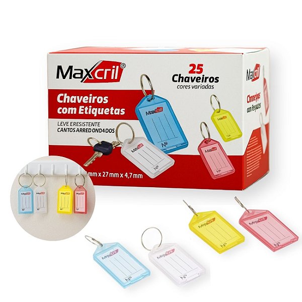 Chaveiro Plástico Organizador com Etiquetas 25 unidades Sortidas Maxcril