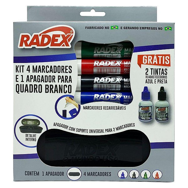 Kit 4 Canetas Quadro Lousa Branco + Apagador + 2 Tintas Refil - Radex