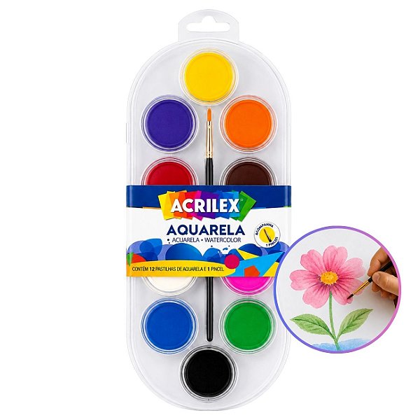 Aquarela 12 Cores + Pincel Acrilex