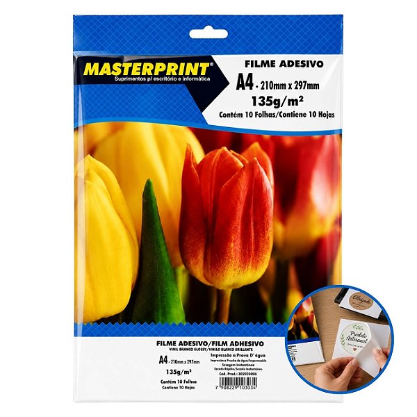 Papel Filme Adesivo A4 135g 10 Fls Vinil Branco Brilhante Masterprint