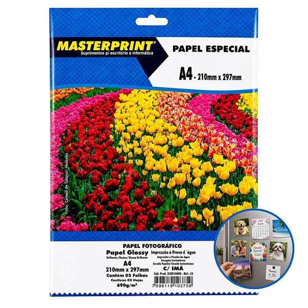 Papel Fotográfico A4 Magnético 690g Glossy Branco Brilhante Masterprint 5 Folhas